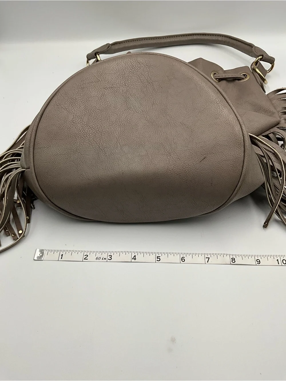 BCBG Paris Bucket Bag Taupe Fringe Drawstring Hobo Bag